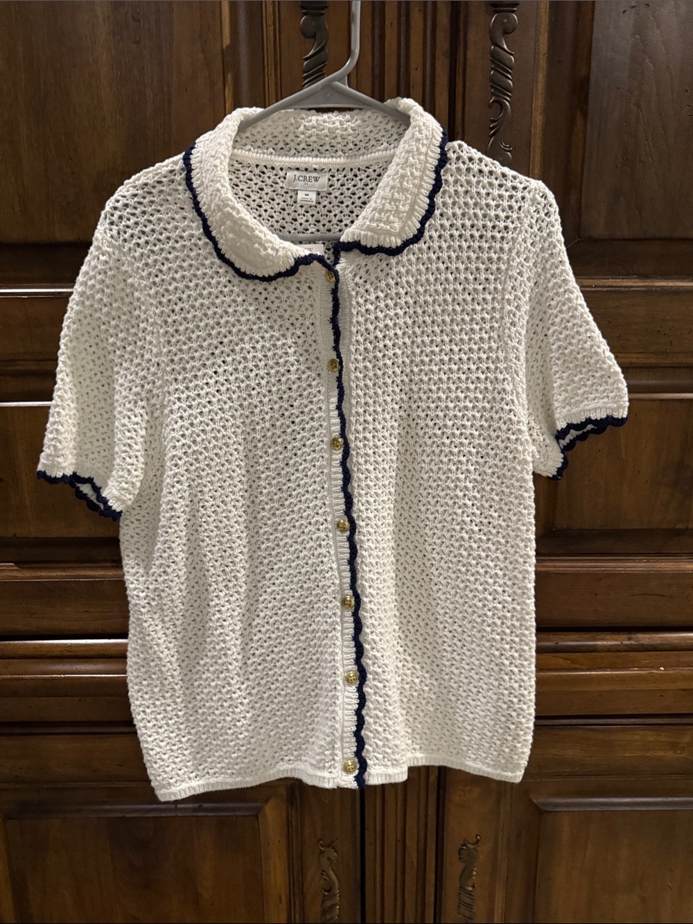 J. Crew White Crochet Short-Sleeve Button Cardigan with Navy Trim - NWT - Medium